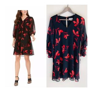 Calvin Klein Floral Print Bell Sleeve Black Red Mini Dress Size 6 NWT